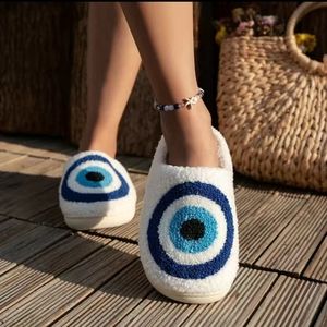 Soft & Cozy Boho Brand New Lucky Evil Eye of Protection Plush Sherpa Slippers